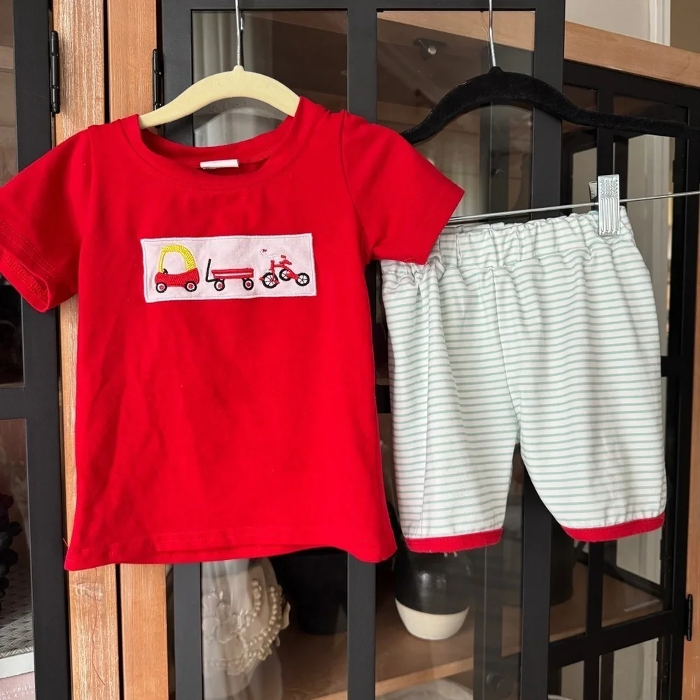 Coupe car smock embroidered set shorts tee toddler boy toys bike wagon applique